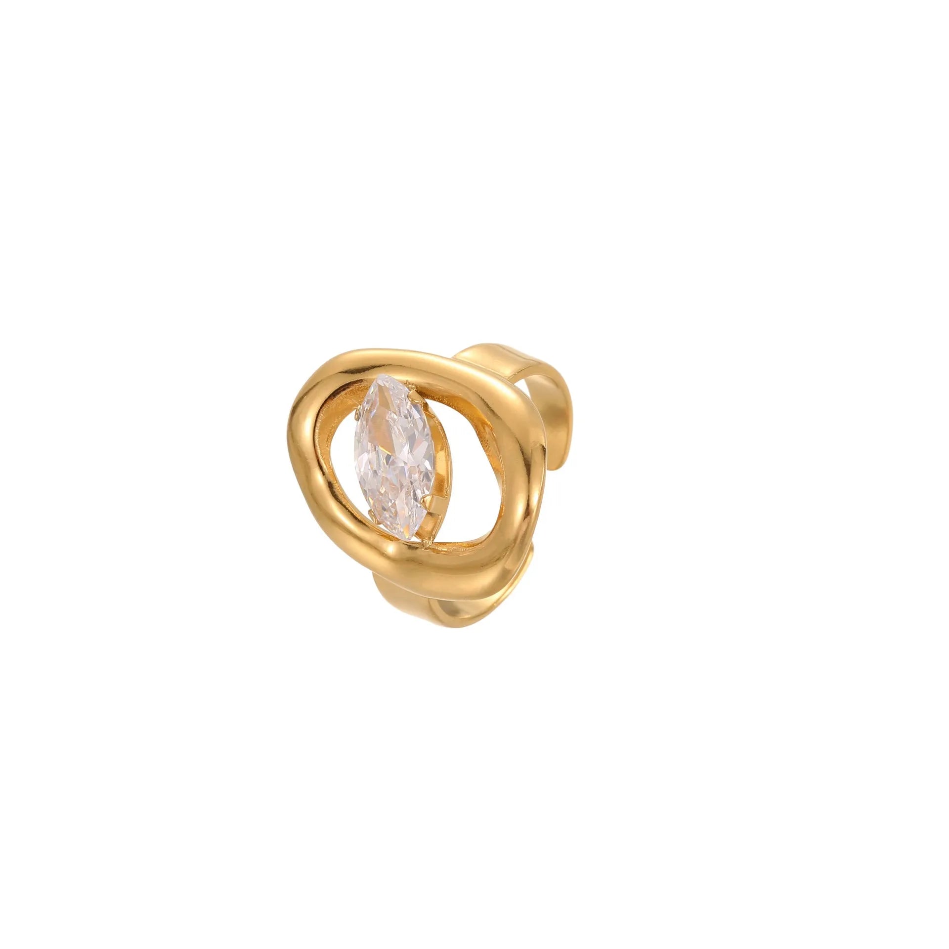 Women's stainless steel geometric ring with zircon stones and adjustable open mouth design