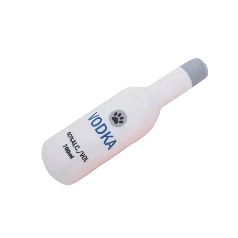 Plush wine bottle pet toy for dogs and cats with squeaker and crinkle sounds in six colour options