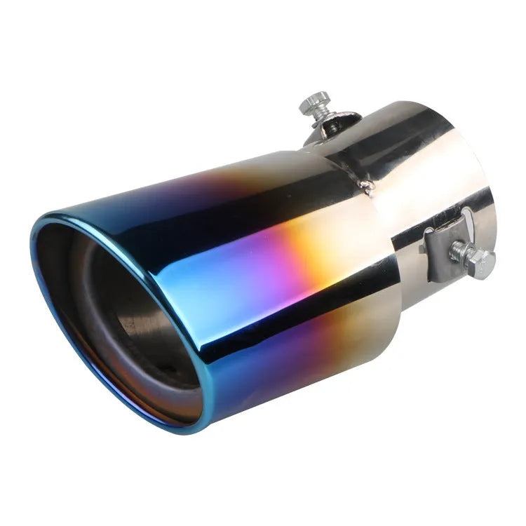 Stainless steel car modification exhaust tailpipe in bright silver and baked blue finishes.
