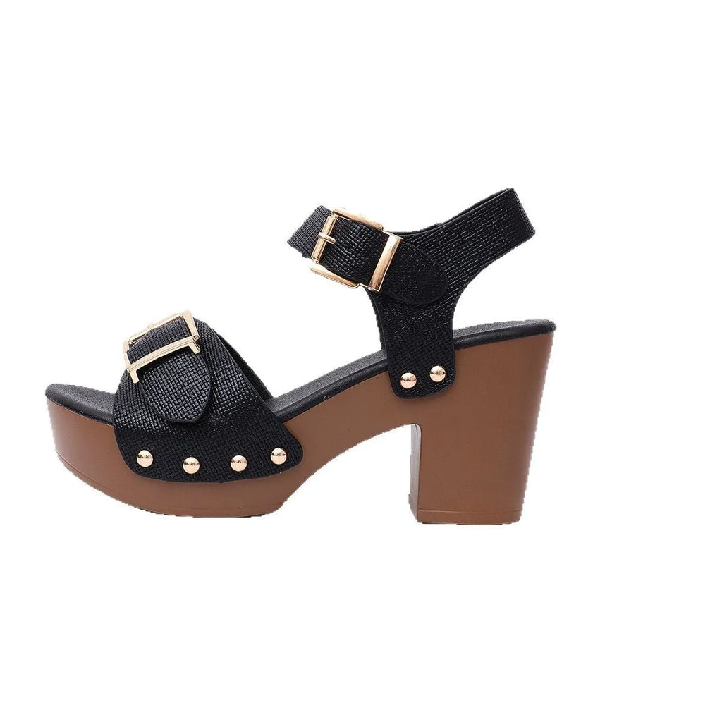 Plus size thick high heel sandal with buckle strap and rivet detailing in beige.