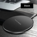 Ultra-thin black wireless fast charging pad with 9V support and 98mm square dimensions