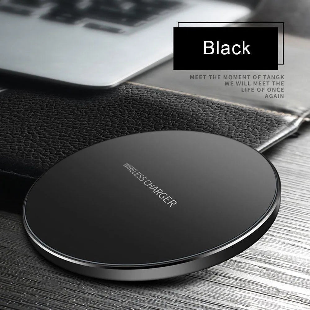 Ultra-thin black wireless fast charging pad with 9V support and 98mm square dimensions