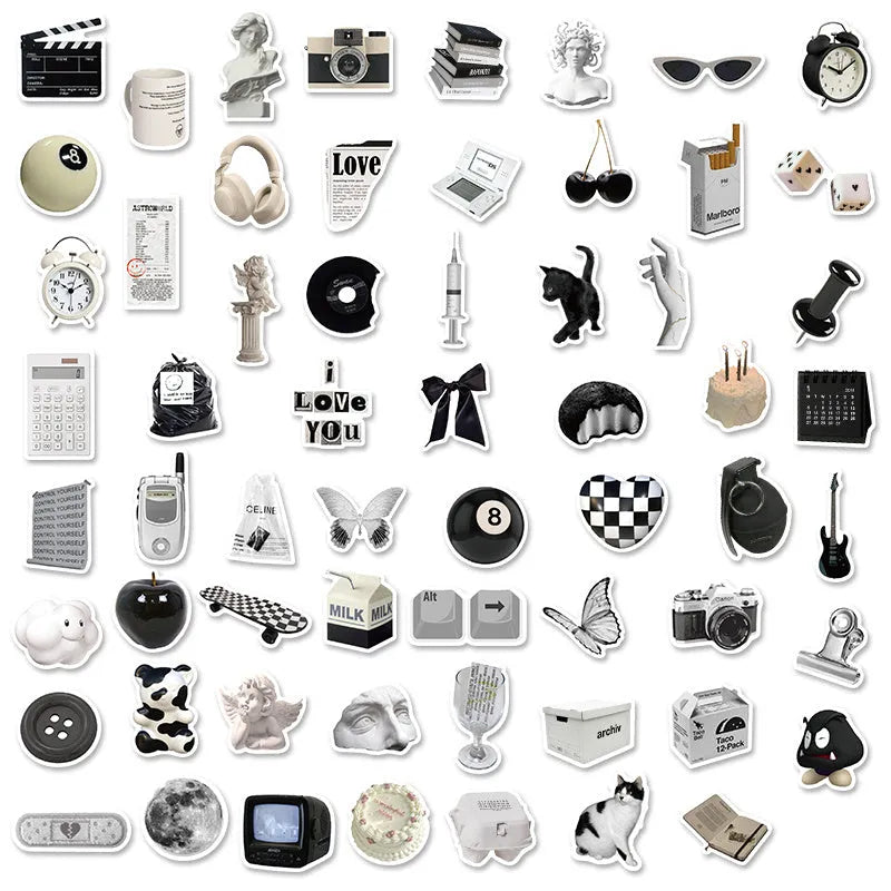 61-piece black and white PVC waterproof stickers for laptops and coffee cup painting