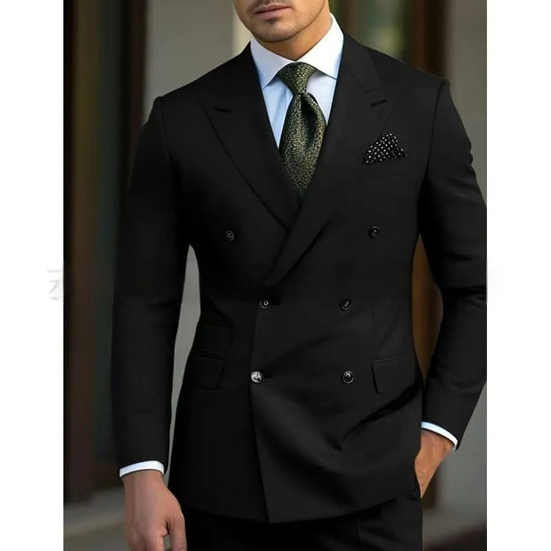 Men's light business two-piece suit set in a cotton blend fabric, available in multiple colours and sizes including 7XL.