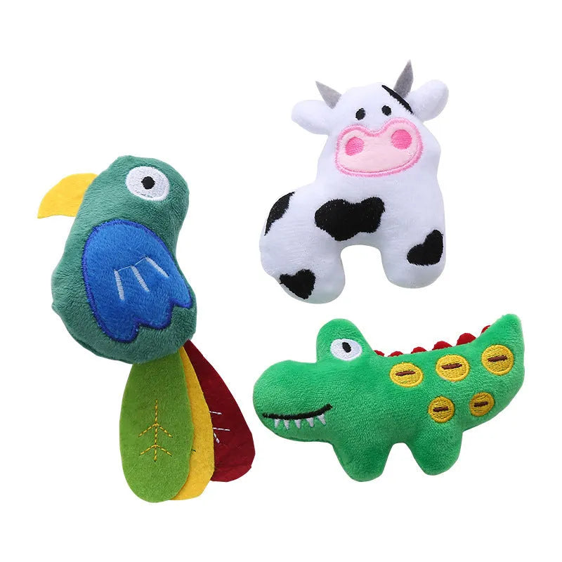 A plush cat toy in the shape of a cow, crocodile, or parrot, filled with catnip for interactive play.