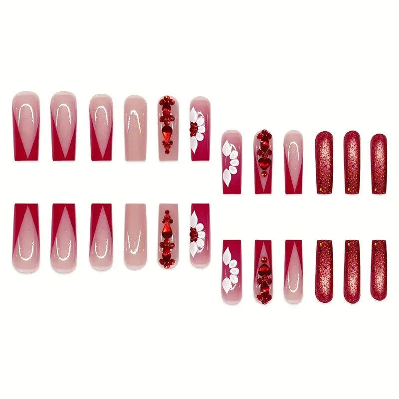 Sweet flowers pattern removable fake nails with prismatic red diamonds in European square long shape