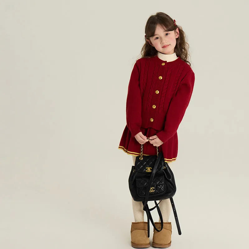 Red velvet yarn knit cardigan and pleated skirt two-piece set for girls 90-160cm