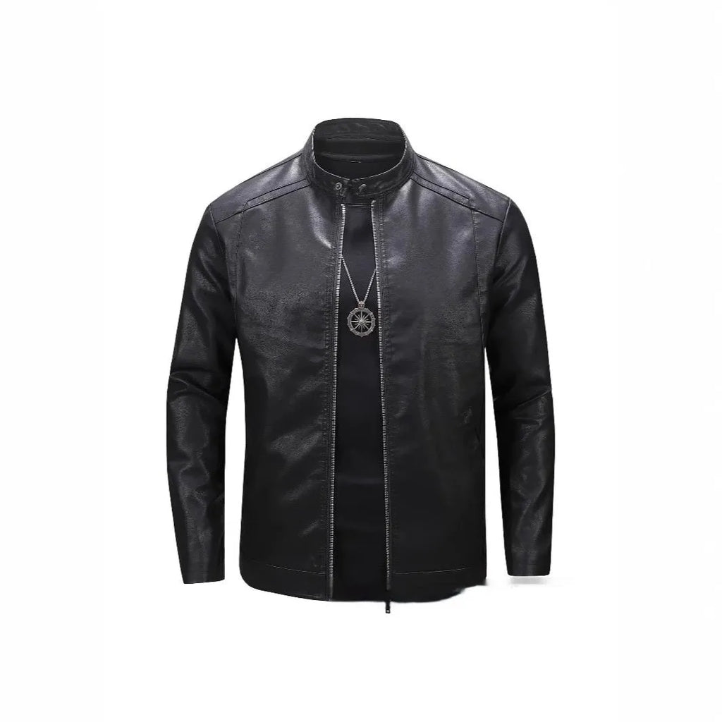 Men's slim artificial leather jacket with stand collar, black, sizes M to 5XL