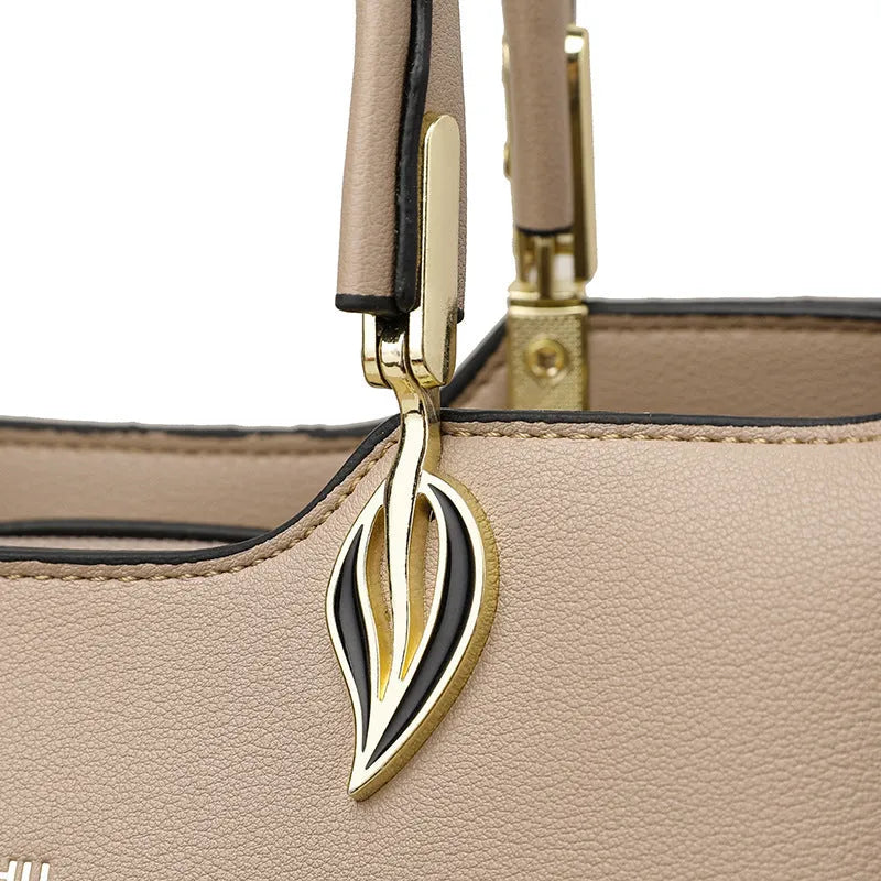 Women's multi-compartment PU leather messenger bag in urban simplicity style, shown in various colours.