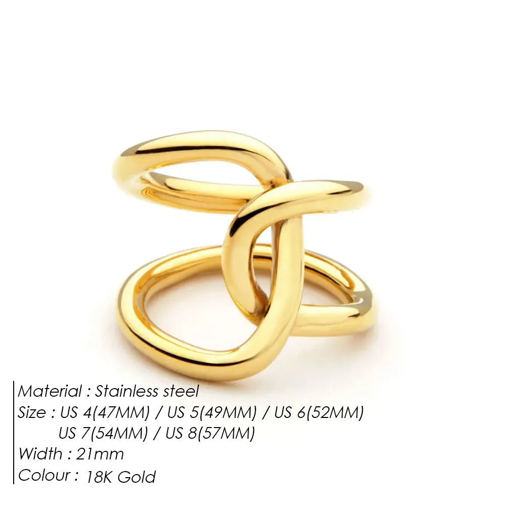 Women's adjustable knotted ring with geometric U-shape in stainless steel gold or silver colour