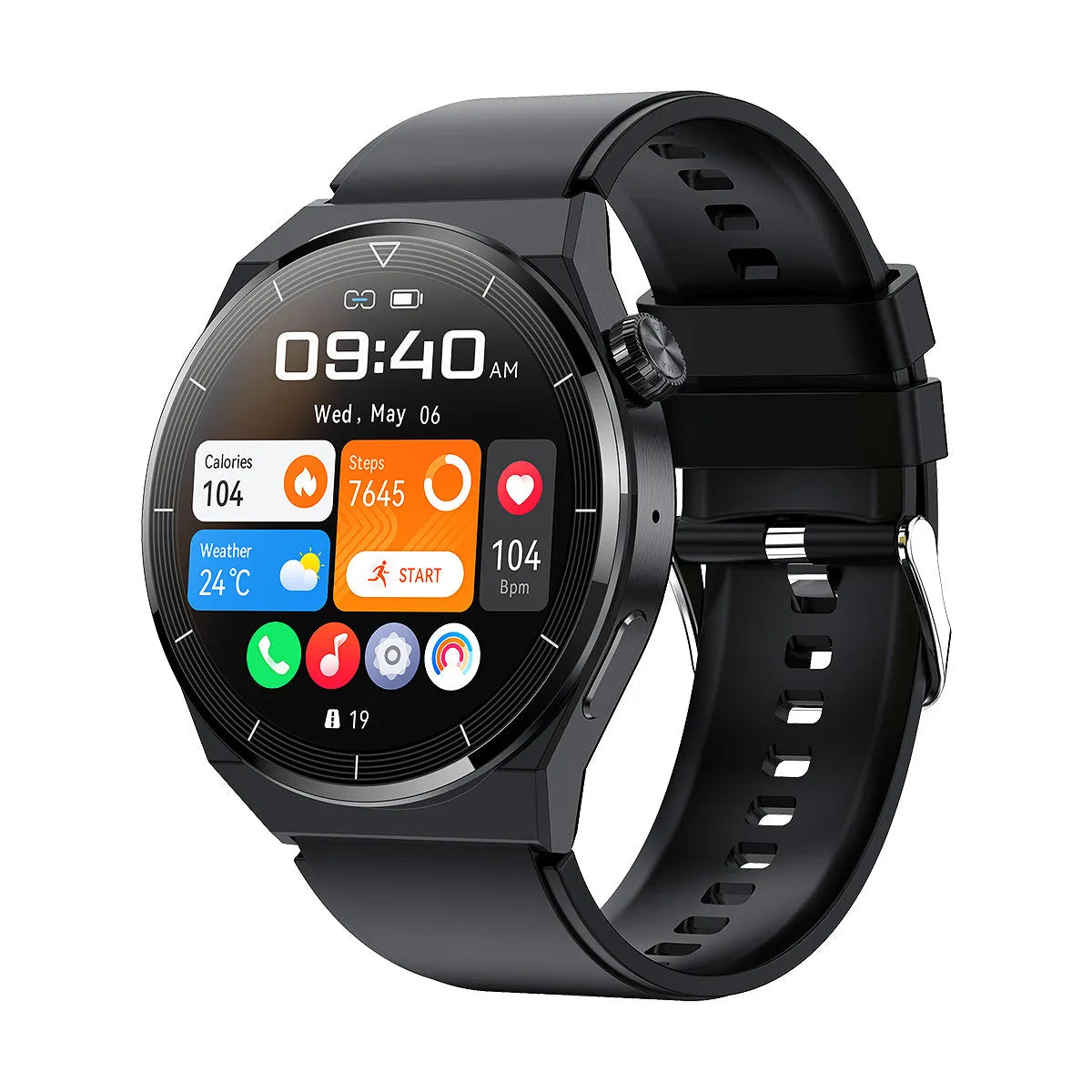 Black Android smart watch with round dial and silicone strap, displaying a watch face on its 1.36-inch screen.