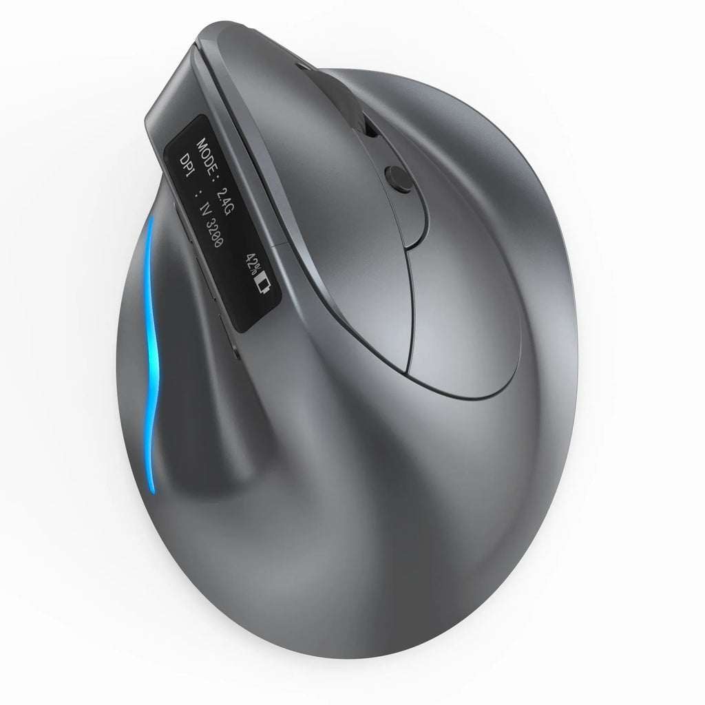 Grey Bluetooth vertical ergonomic mouse with a built-in display, shown from a side angle.