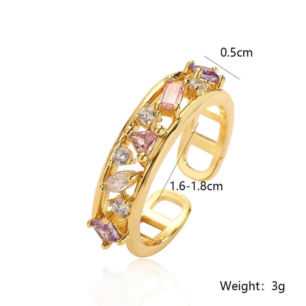 Women's gold plated geometric adjustable ring with zircon and pearl accents