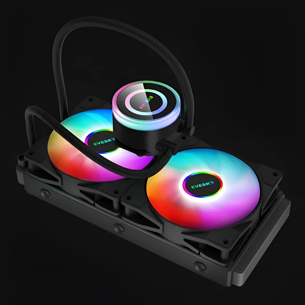 CPU radiator with RGB lighting effects in aluminium construction for gaming PC cooling