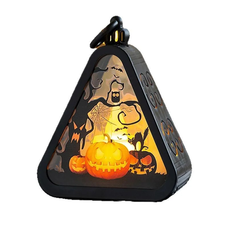 Halloween pumpkin lamp decorations in castle, ghost hand, pumpkin and witch designs
