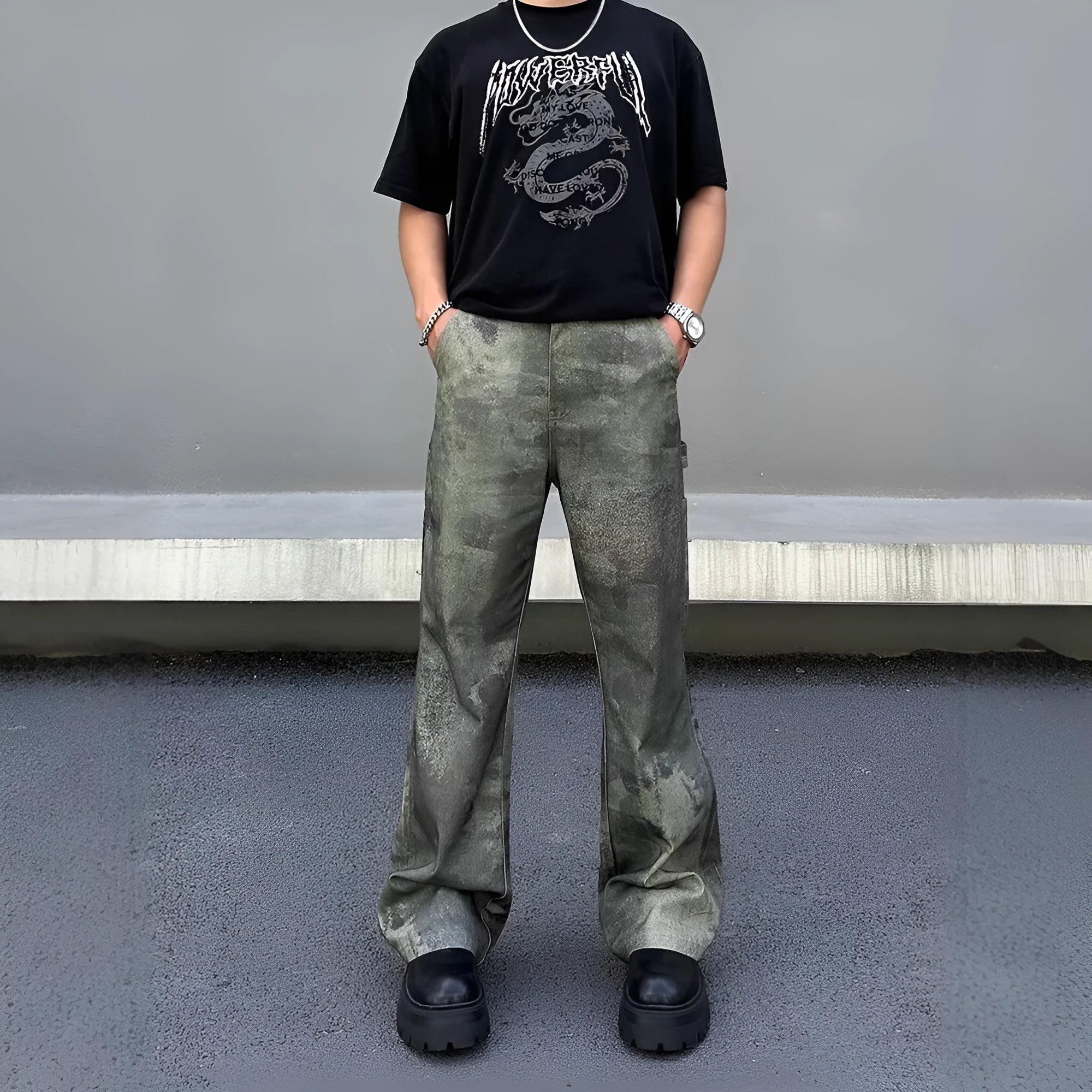 Men's camouflage print straight-leg jeans in cotton denim fabric