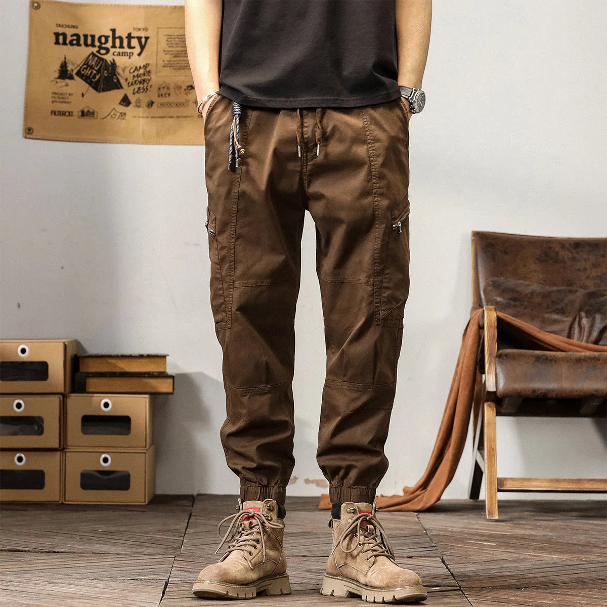 Men's tapered cotton harem pants in ankle-banded Korean style design