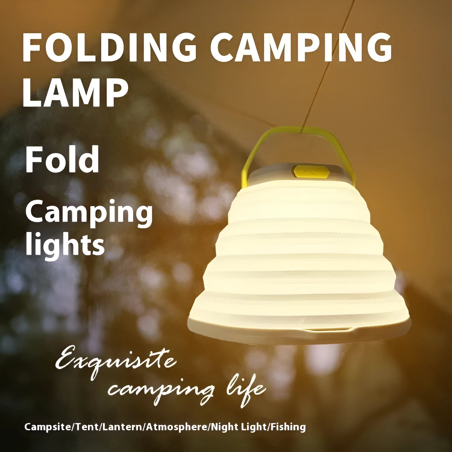 White rechargeable camping lamp with large battery capacity and one control button.