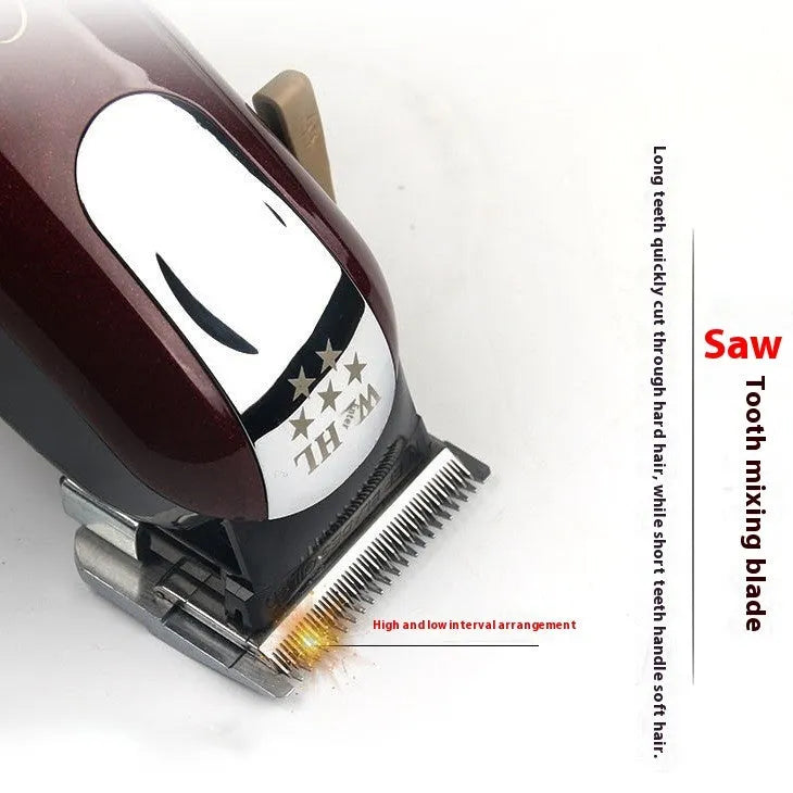 Rechargeable hair clipper for adults and children with stainless steel cutter head, showing EU, UK and US plug options.