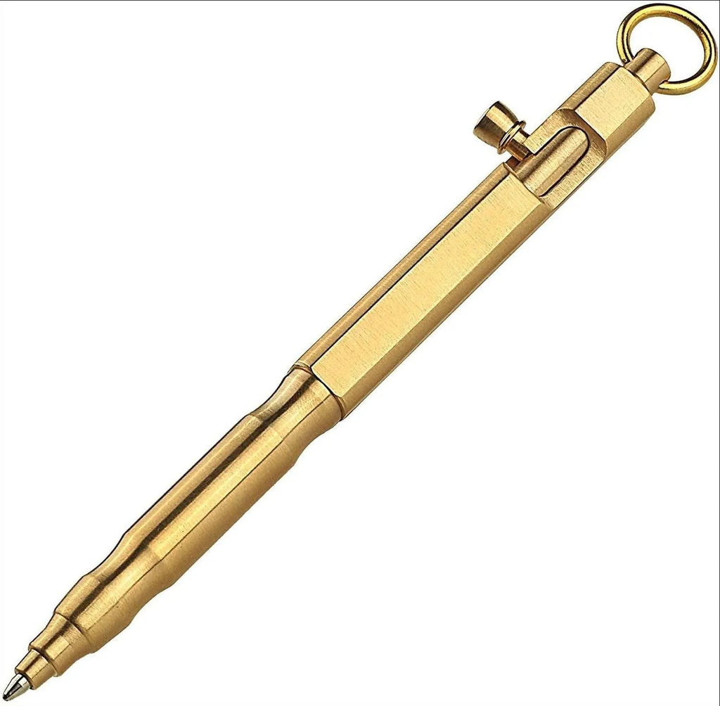 Brass hexagonal tactical pen in natural brass and retro black colours on a black gift box.