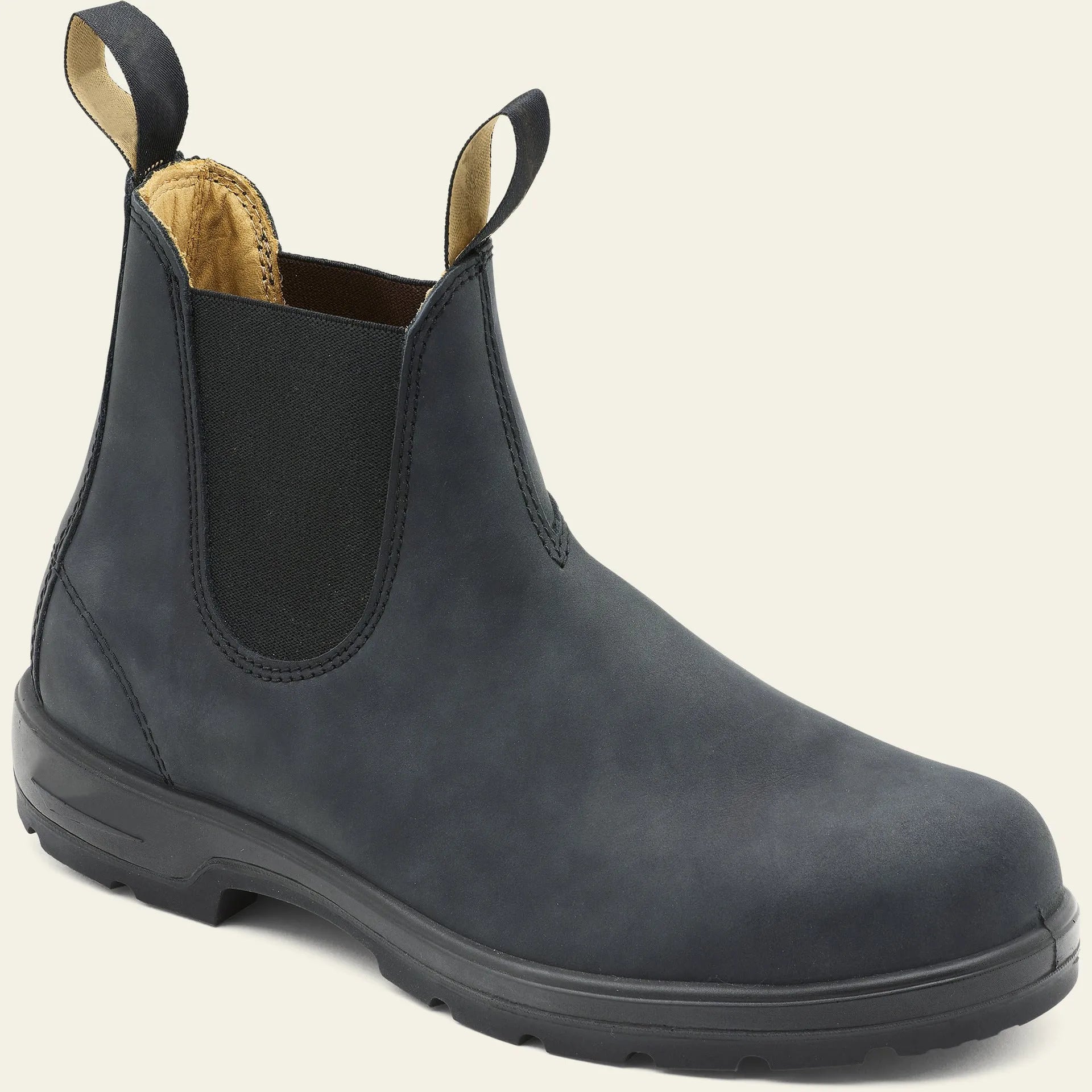 Vintage-style Chelsea boots with car suture detailing on artificial PU upper and beef tendon soles