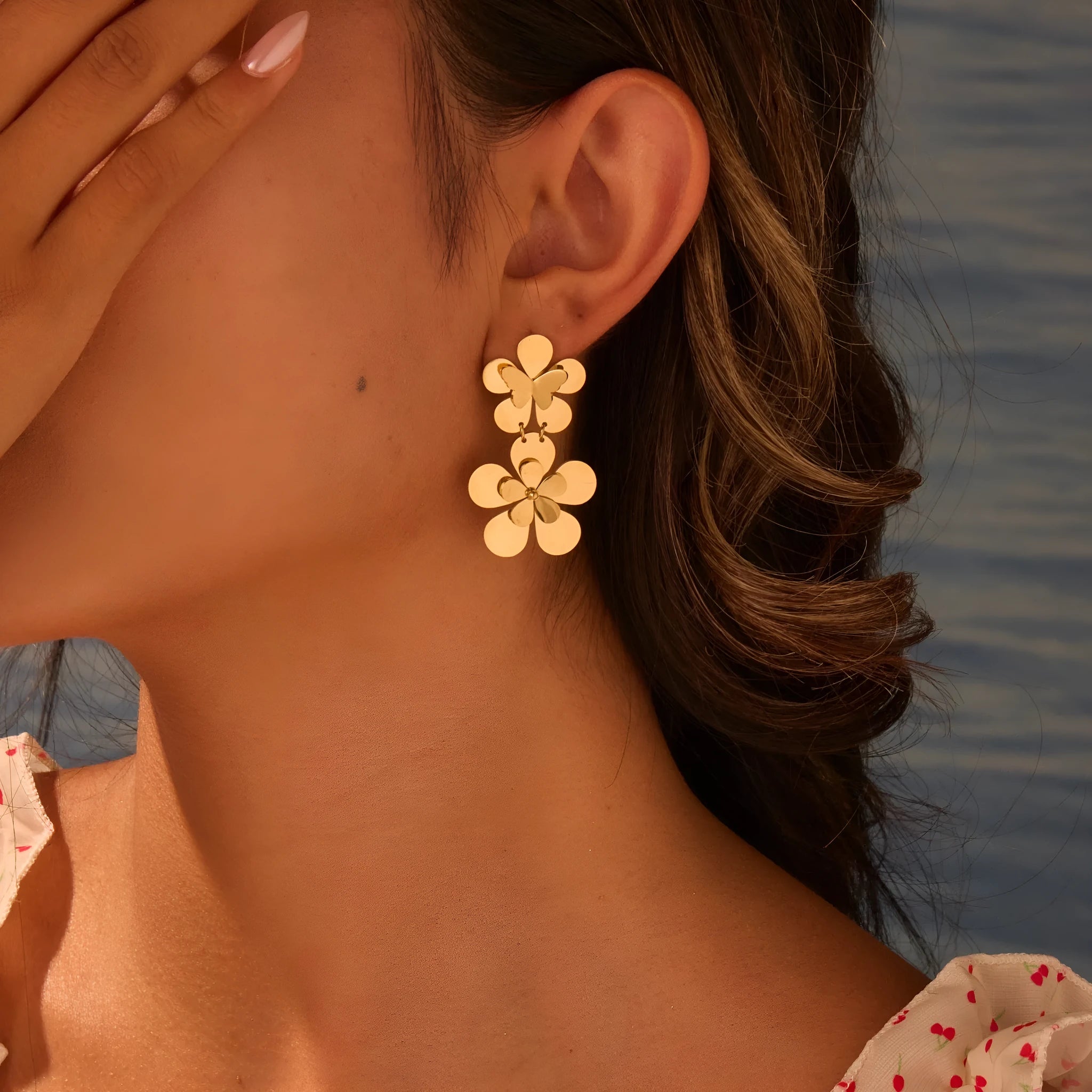 Gold electroplated stainless steel flower butterfly earrings for women