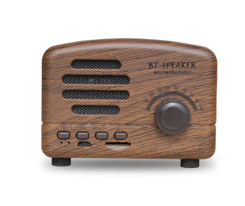 Vintage-style wood grain Bluetooth speaker in compact size with black and pink colour options