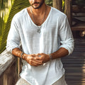 Men's beige V-neck long sleeve t-shirt in slim fit made from hemp blend fabric
