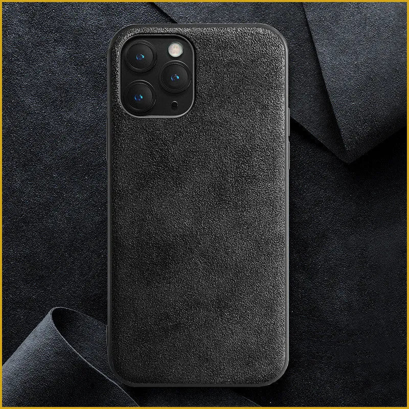 Suede iPhone case in three colours: elegant black, dark night green, and dark blue
