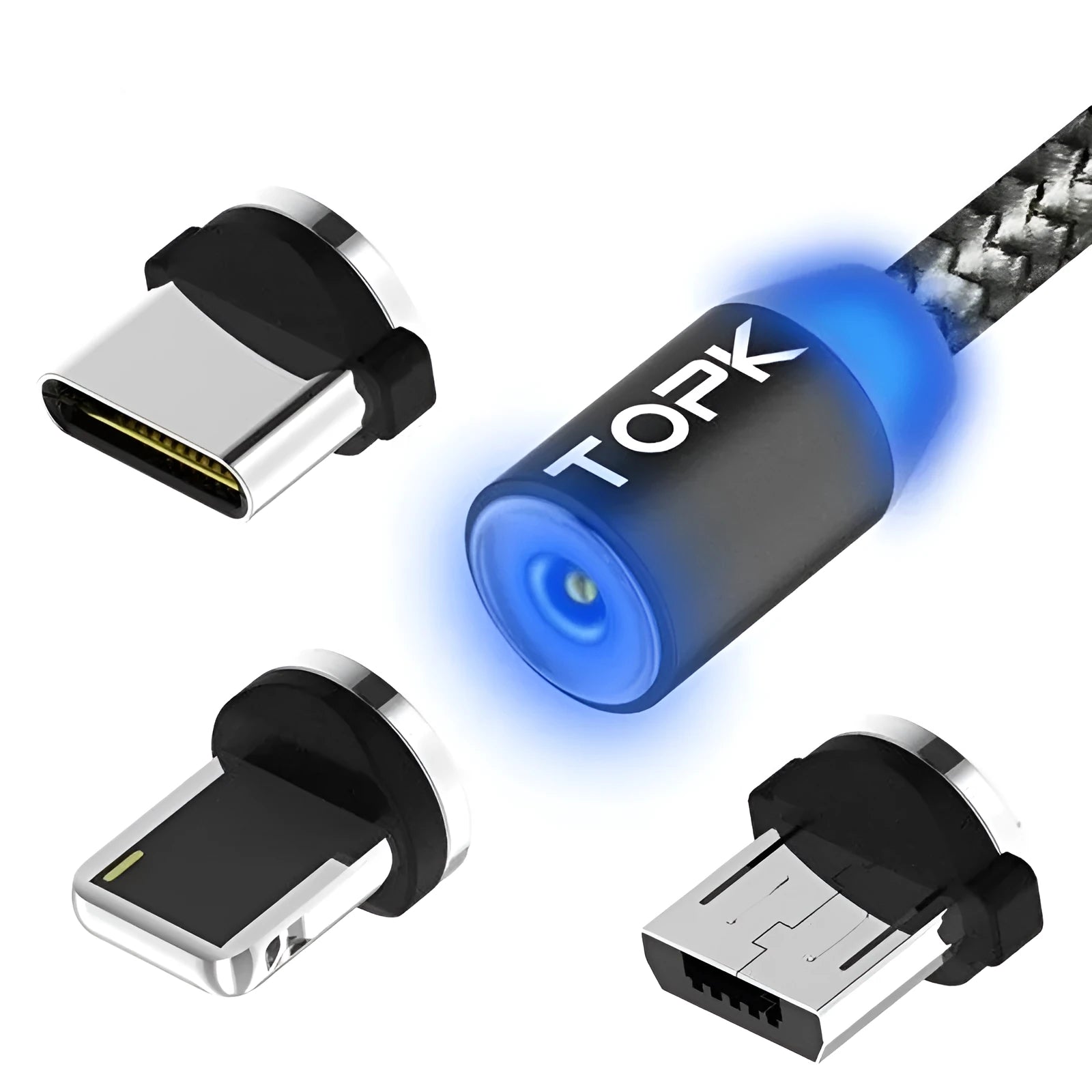 Magnetic charging cable with aluminium shell and three interchangeable plugs for iPhone Android Type-C
