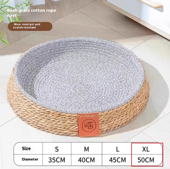 Rattan woven cat bed pet nest in a cage style, shown in a natural colour.