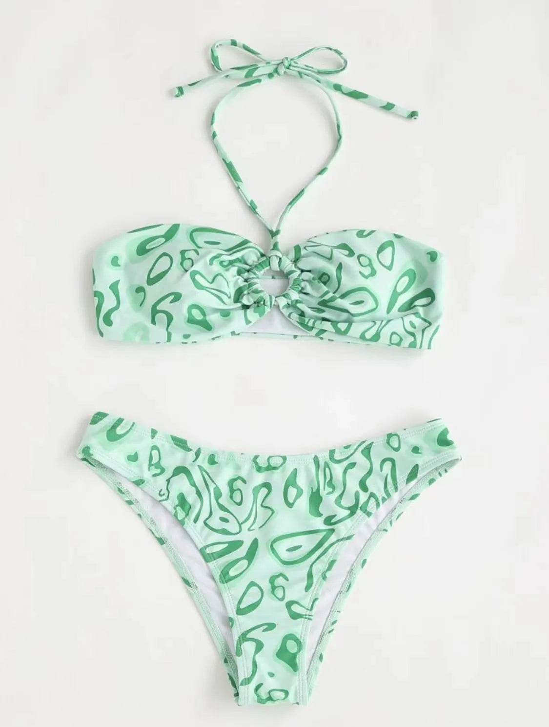 Blue floral bandeau bikini with split design and matching briefs