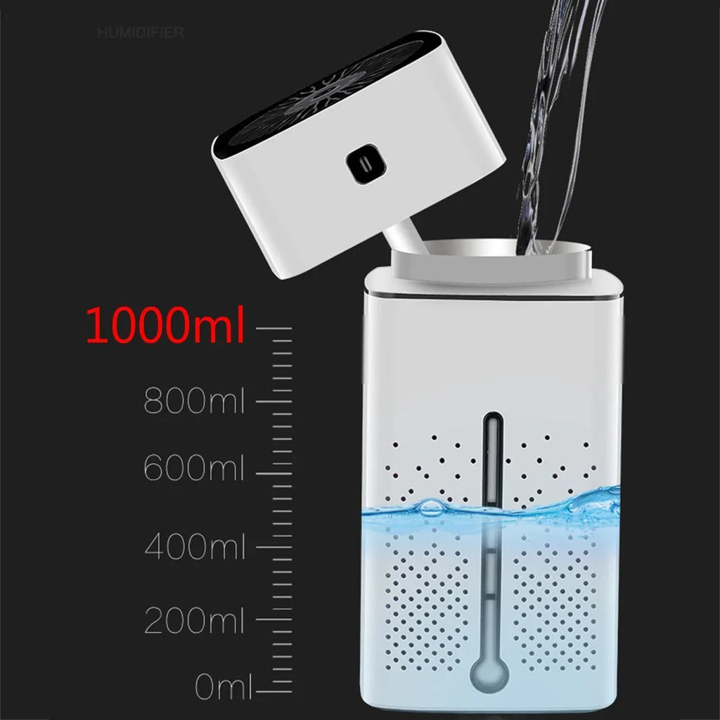 Black or white USB-powered desktop humidifier with 1000ml tank, dimensions 103x103x218mm.