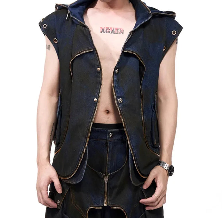 Men's blue hooded denim vest coat with matching trousers, Korean style two-piece set