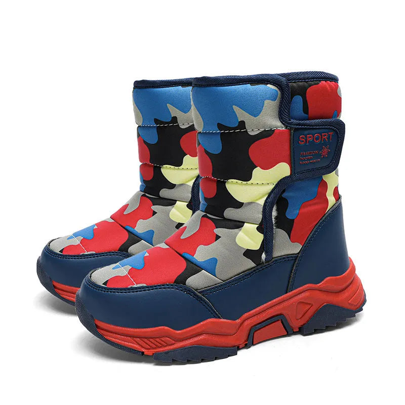 High-top camouflage unisex kids cotton shoes with hook and loop closure on a child