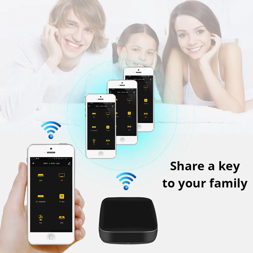 Black universal infrared remote control with voice control and WiFi connection.