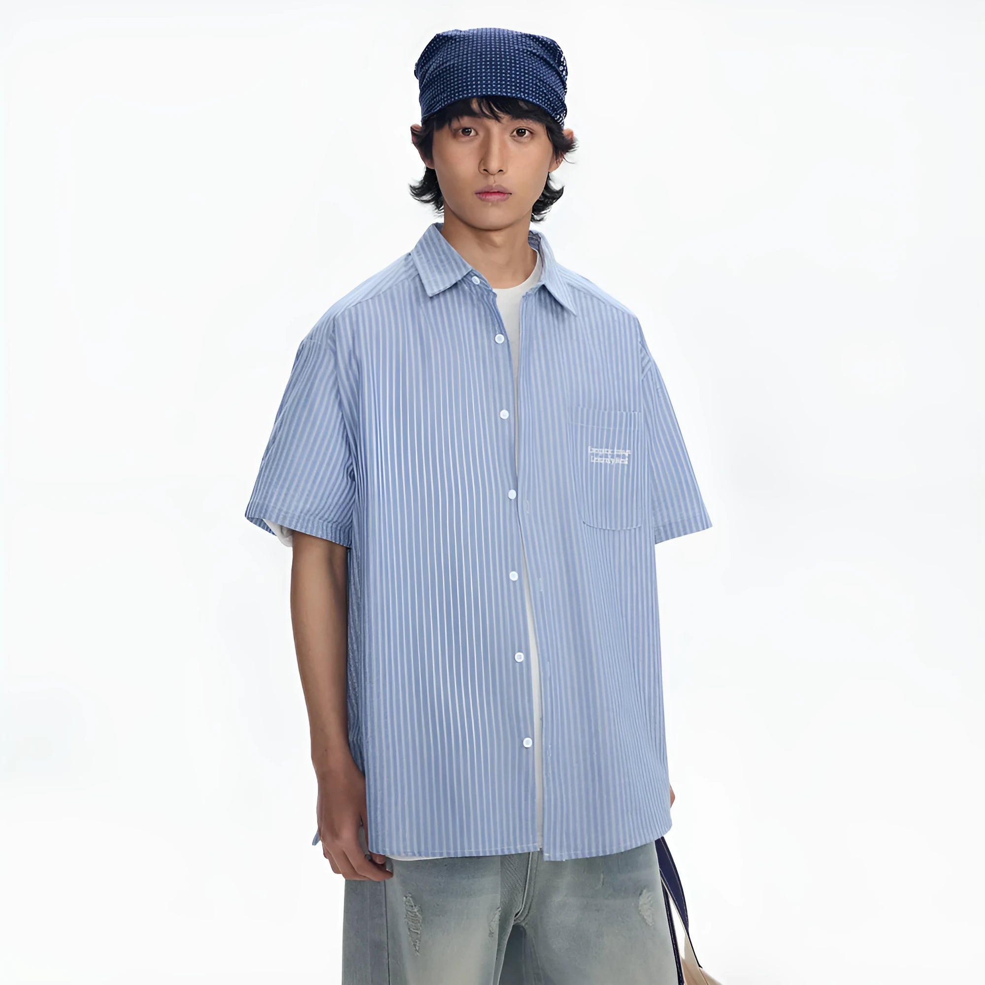 Blue striped loose-fit overalls shirt with short sleeves and cardigan style