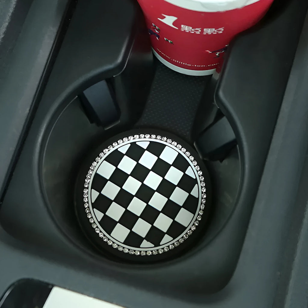 PVC car cup holder mat in black and white checkerboard pattern for vehicle drink holder slots