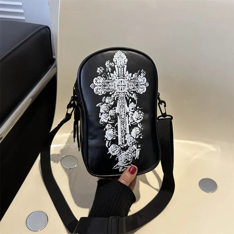 Halloween graffiti crossbody phone bag with pumpkin ghost bat print in medium size