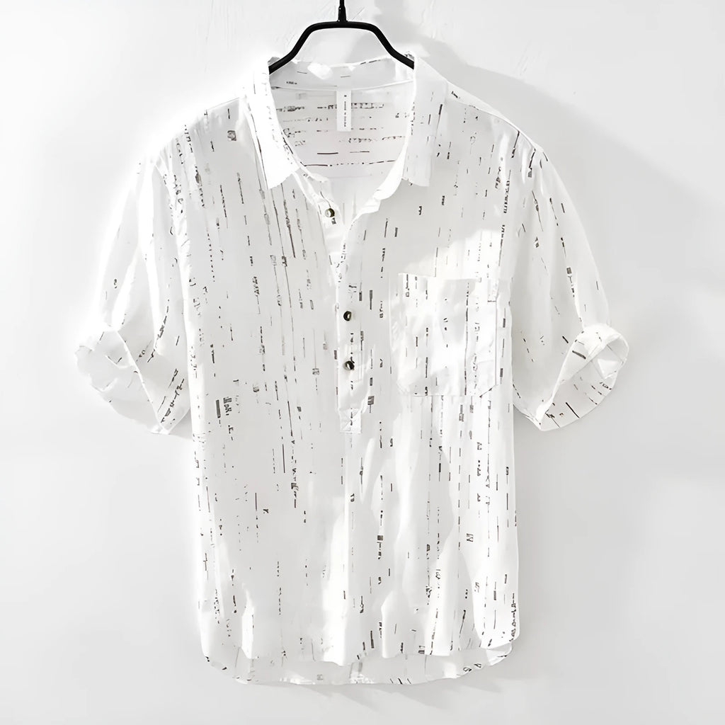 Men's loose fit short-sleeved polo shirt with lapel collar in black, laid flat.