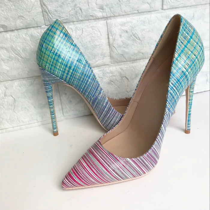 Colourful gradient patent leather ladies high heel shoes with a pointed toe and super high heel.