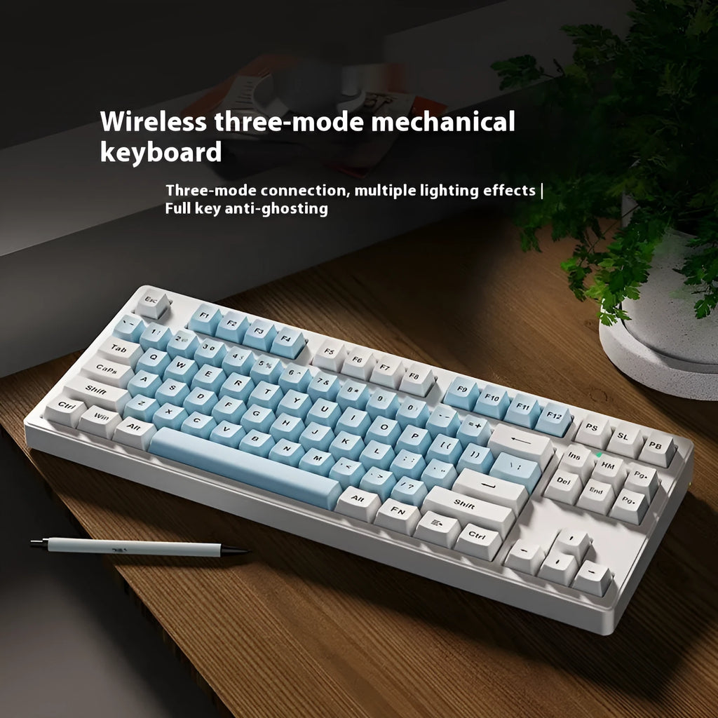 Office Game wireless Bluetooth mechanical keyboard in multiple colour options showing 87-key and 108-key layouts