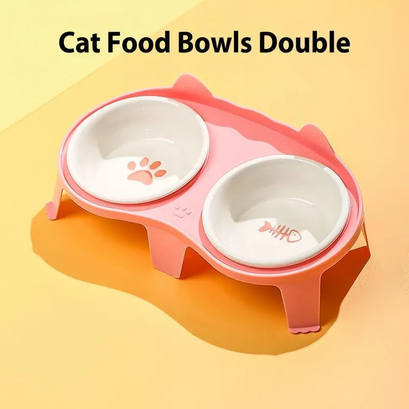 Blue ceramic pet bowl set elevated on a stand with a storage hook, showing food and water bowls.