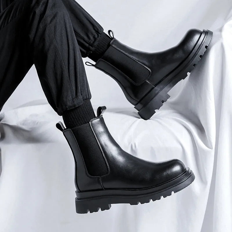 Chelsea men's high-top smoke pipe Martin boots in imitation leather with rubber sole and sewing thread detail