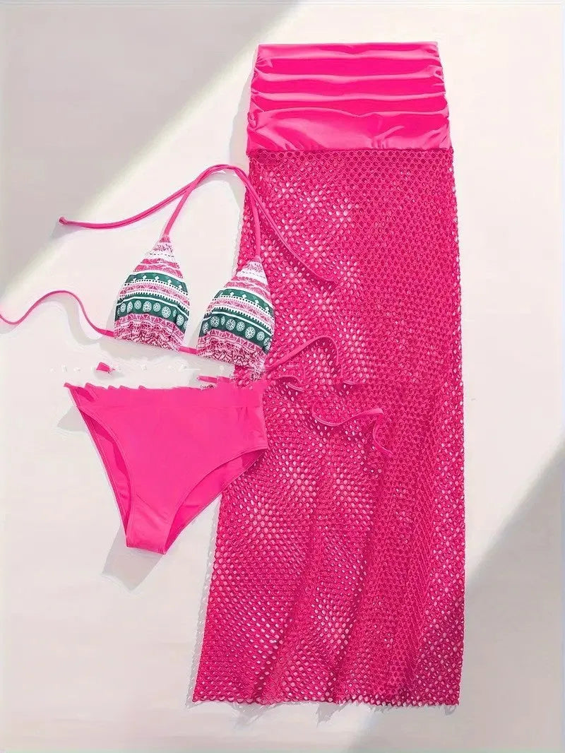 Women's bikini three-piece set with fishnet long skirt in gradient pattern available in three colours