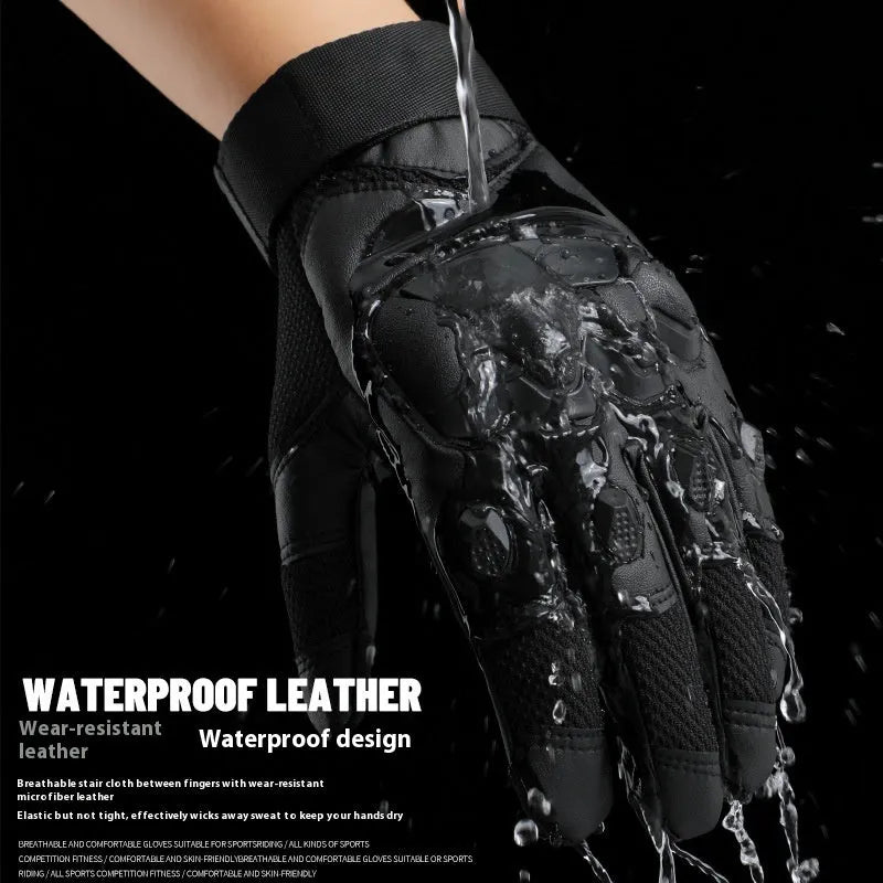 Men's black tactical gloves with full finger coverage showing touch screen compatible fingertips