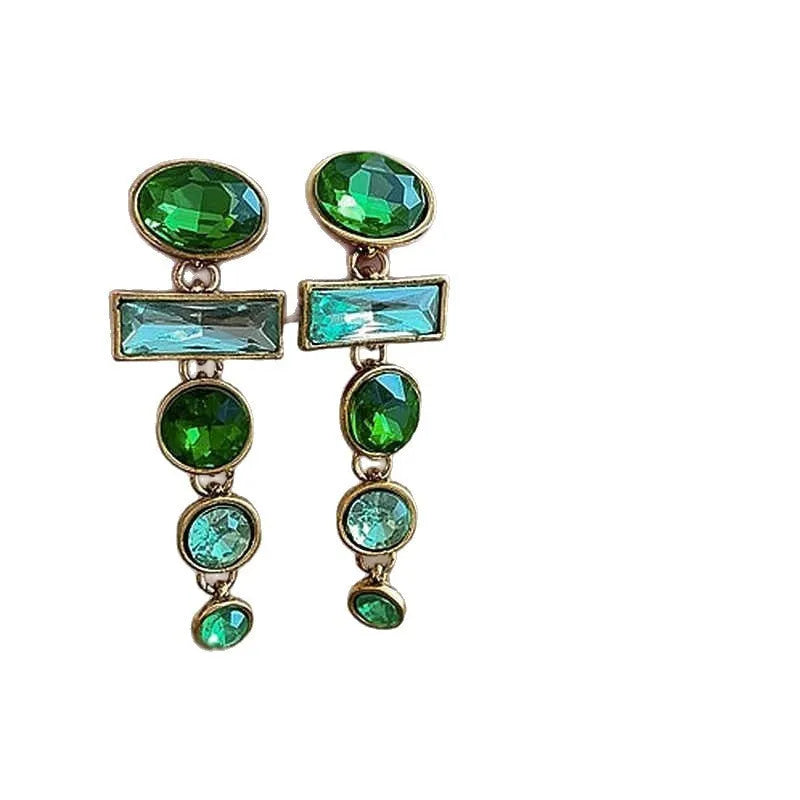 Green gradient geometric Chinese style alloy earrings with zircon inlay and tassel detailing