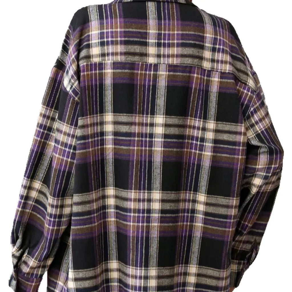 Women's loose-fit retro plaid shirt in cotton with black, green, and purple colour options