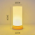 Nordic solid wood USB table lamp with touch dimming in white cube, cylinder, and ball styles on a wooden surface.