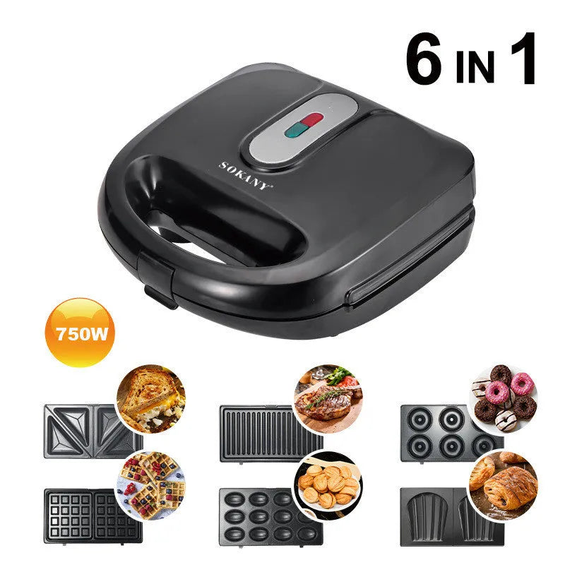 Black electric sandwich pan with brushed stainless steel top cover and exchangeable non-stick baking pans